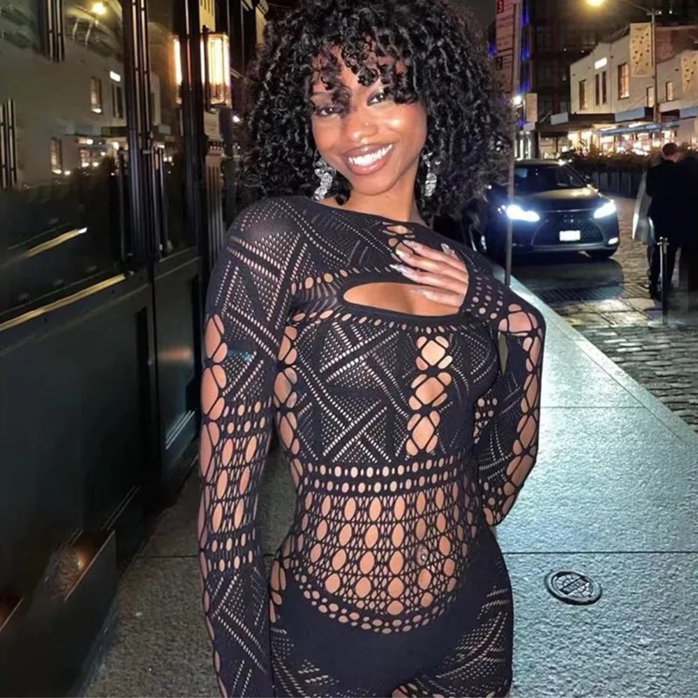 Black Crochet Design Sexy Mesh Cutout Stretchy Romper/Bodysuit